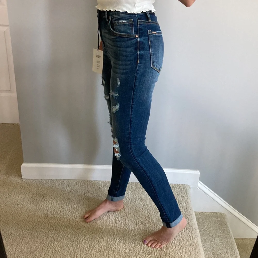 Dark Denim Mid Rise Ankle Skinny Distressed Jeans - Picture 4 of 8